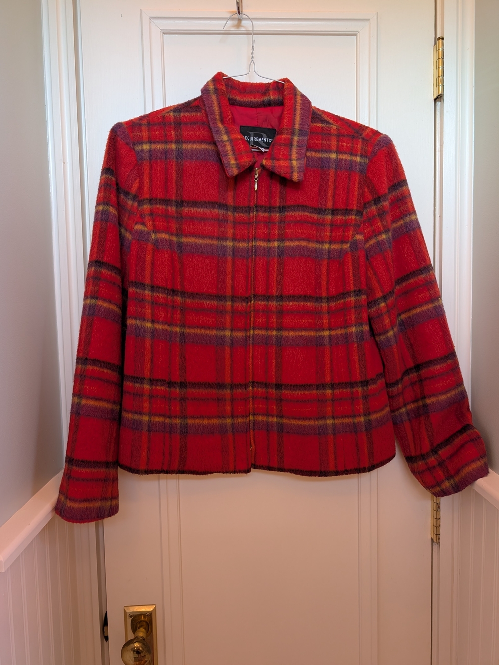 Red Plaid Wool Blend Zip-Front Jacket Vintage 90s